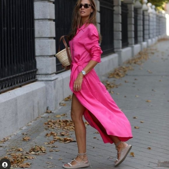 ZARA LIMITED EDITION SHIRT DRESS TIE DETAIL FUCHSIA - Picture 1 of 8